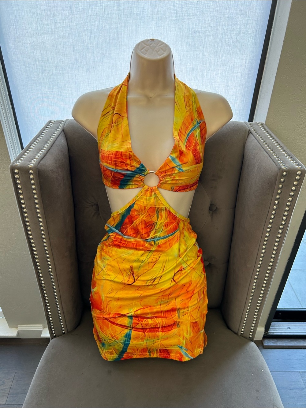 Yellow Orange Cutout Halter Mini Dress